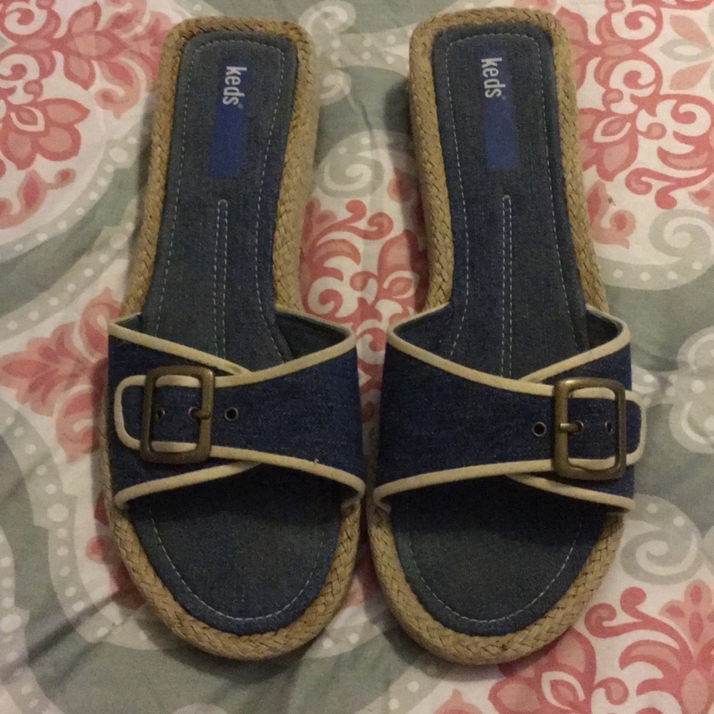 EUC Pre loved Keds denim & khaki slides.